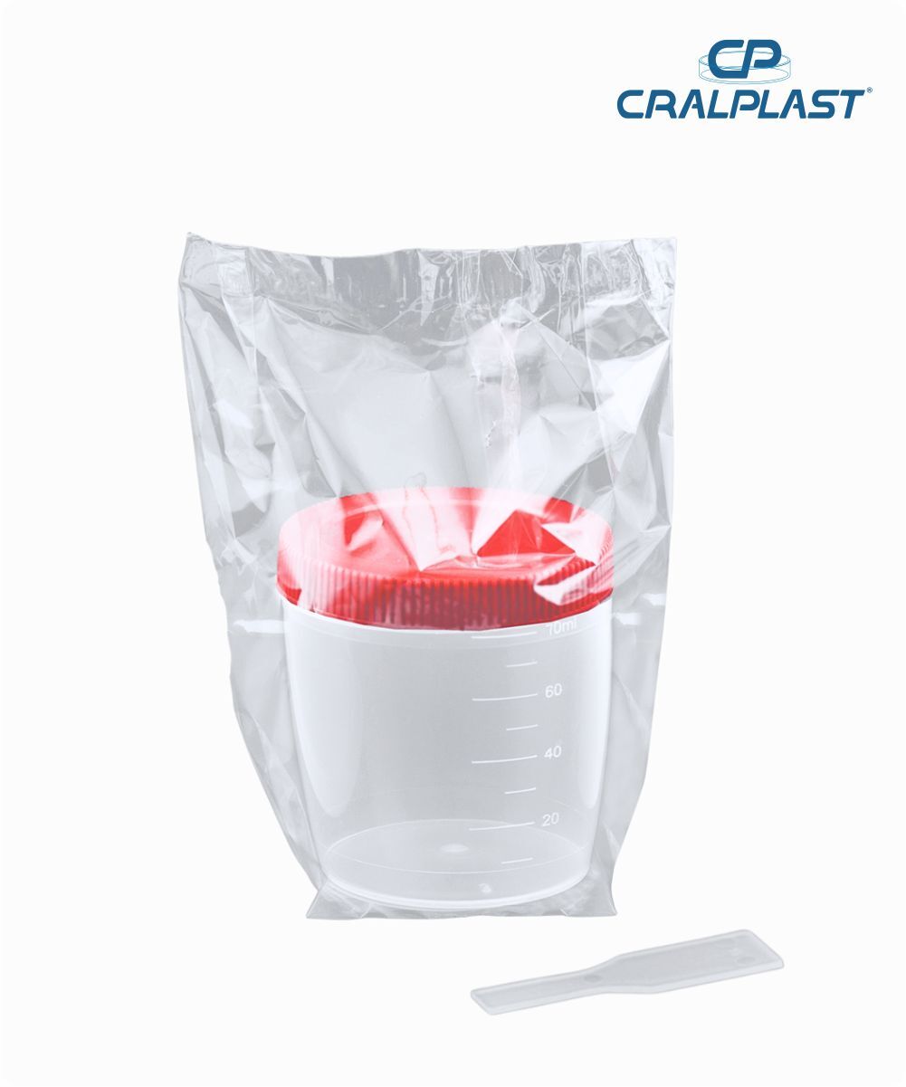 Coletor de urina 80mL com pá estéril individual  tampa vermelha